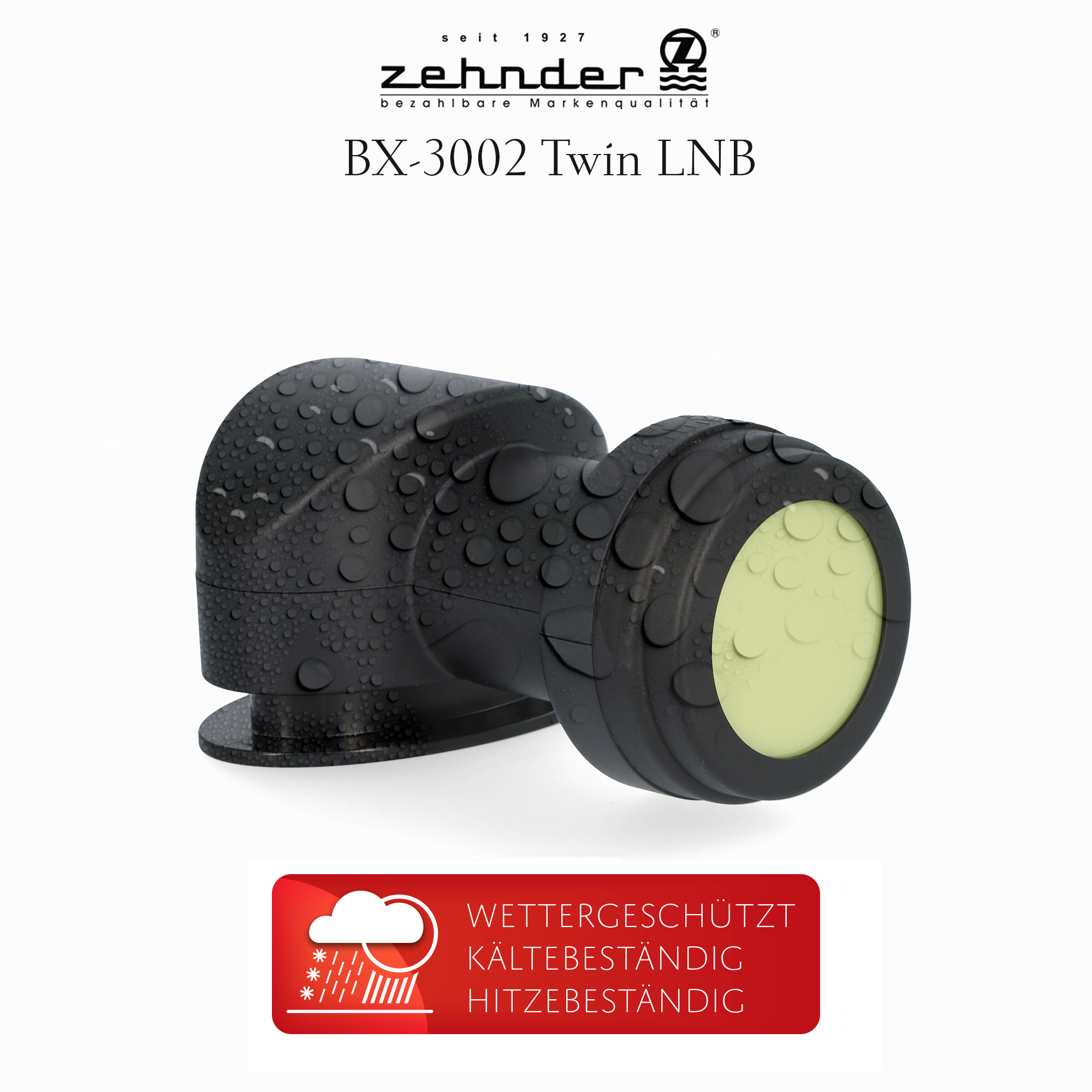 Schwarzer LNB mit rotem, wetterfestem Etikett. Weißer Hintergrund.