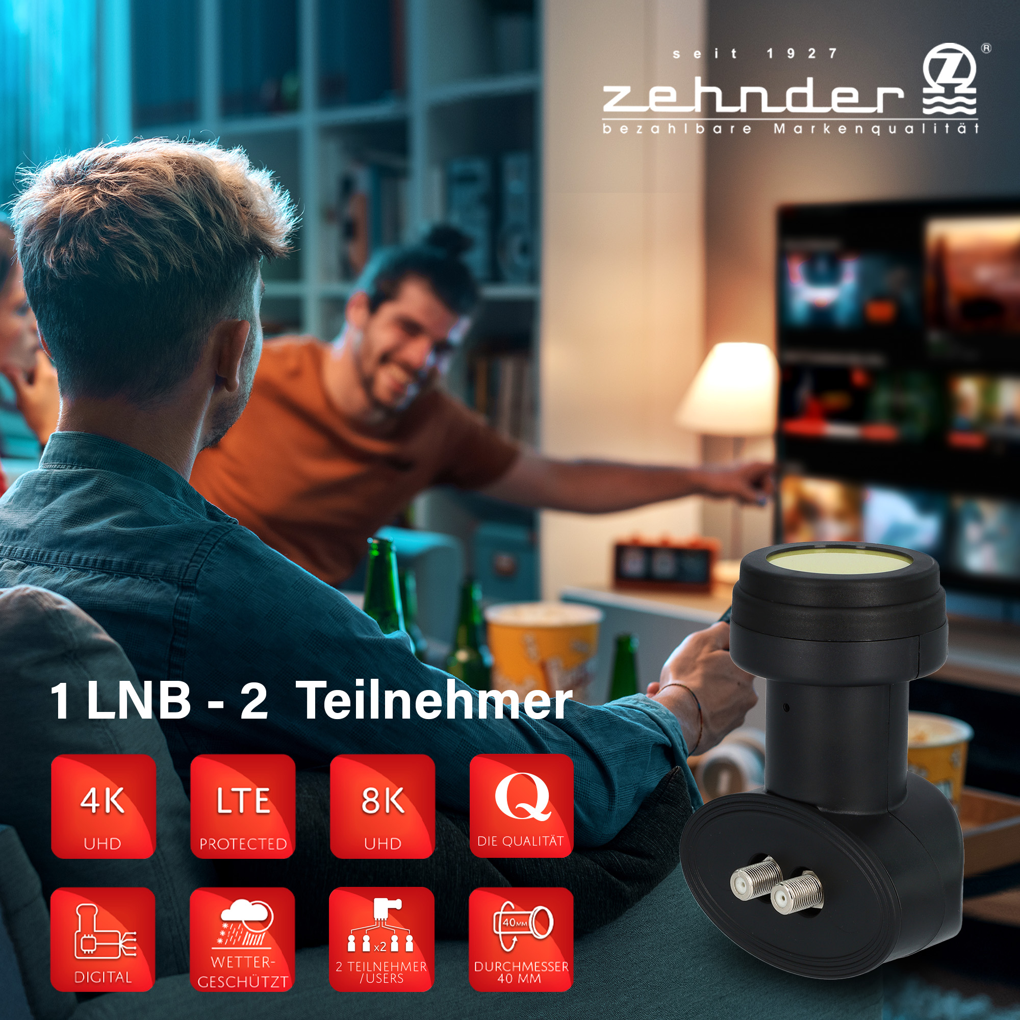 Zwei Männer mit Gerät und Symbolen. Text: 1 LNB - 2 Teilnemer.