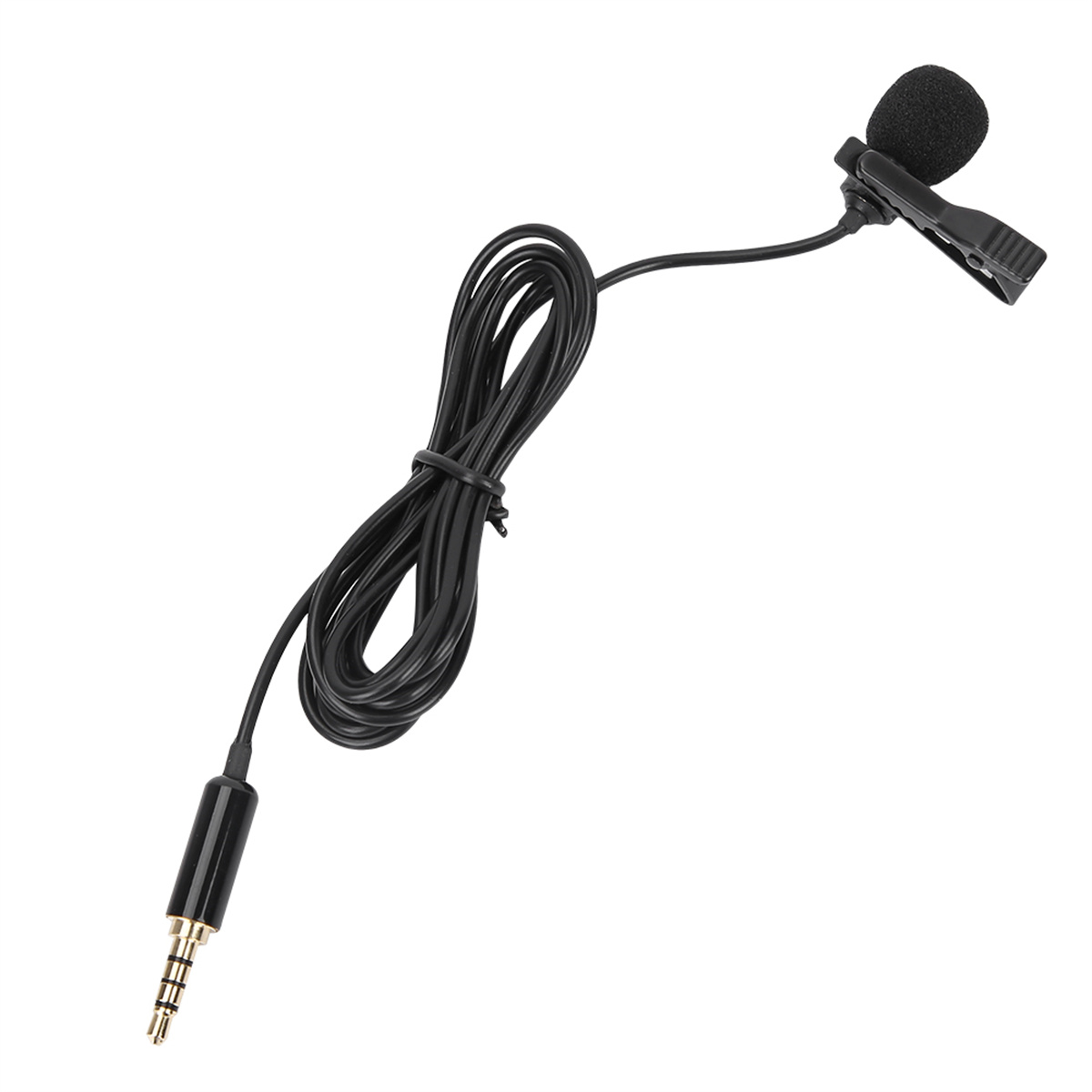 Schwarzes Ansteckmikrofon mit Kabel und Stecker. Isoliert auf Weiß.