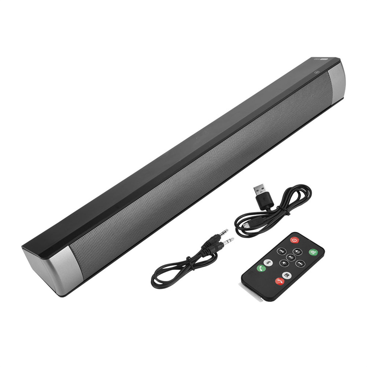 Eine schwarze Soundbar mit silbernen Enden, eine Fernbedienung und Kabel liegen auf der weißen Oberfläche.
