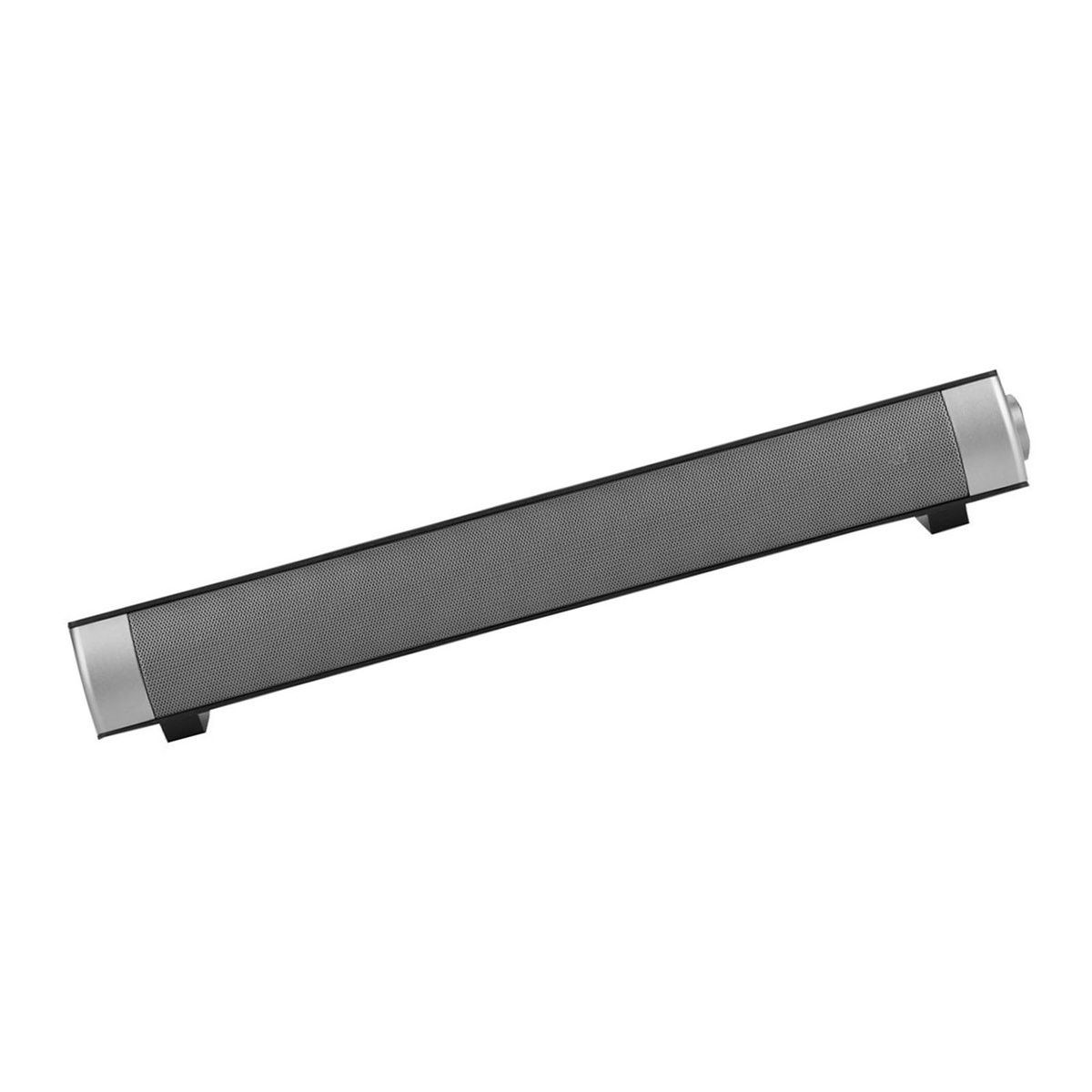 Ein langer, schwarzer Soundbar-Lautsprecher mit silbernen Endkappen, leicht nach oben geneigt.