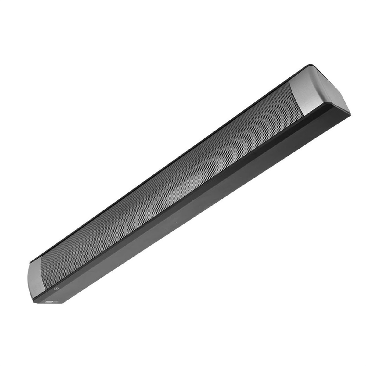 Lange, schwarze Soundbar mit einer metallisch-silbernen Frontplatte und einem schwarzen Gehäuse, nach oben abgewinkelt.