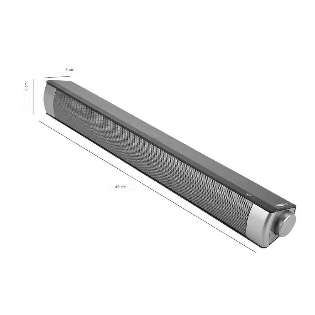 Eine silberne und schwarze Soundbar mit angezeigten Abmessungen und einem Lautstärkeregler.