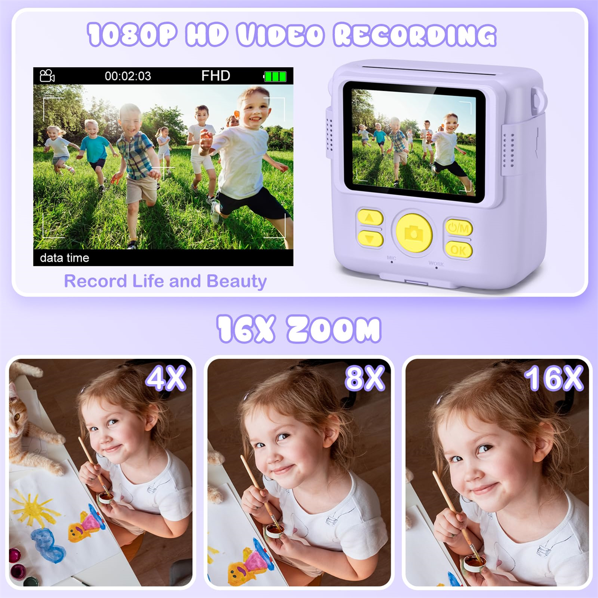 Lila Digitalkamera mit Bildschirm, der spielende Kinder zeigt, mit Zoomoptionen.