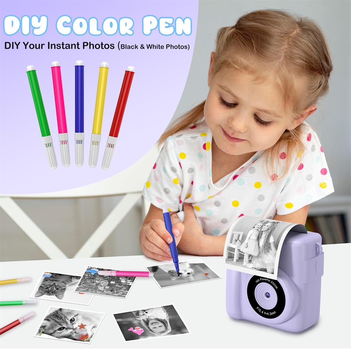 Mädchen mit Fotodrucker, bunten Stiften und Schwarzweißfotos.
