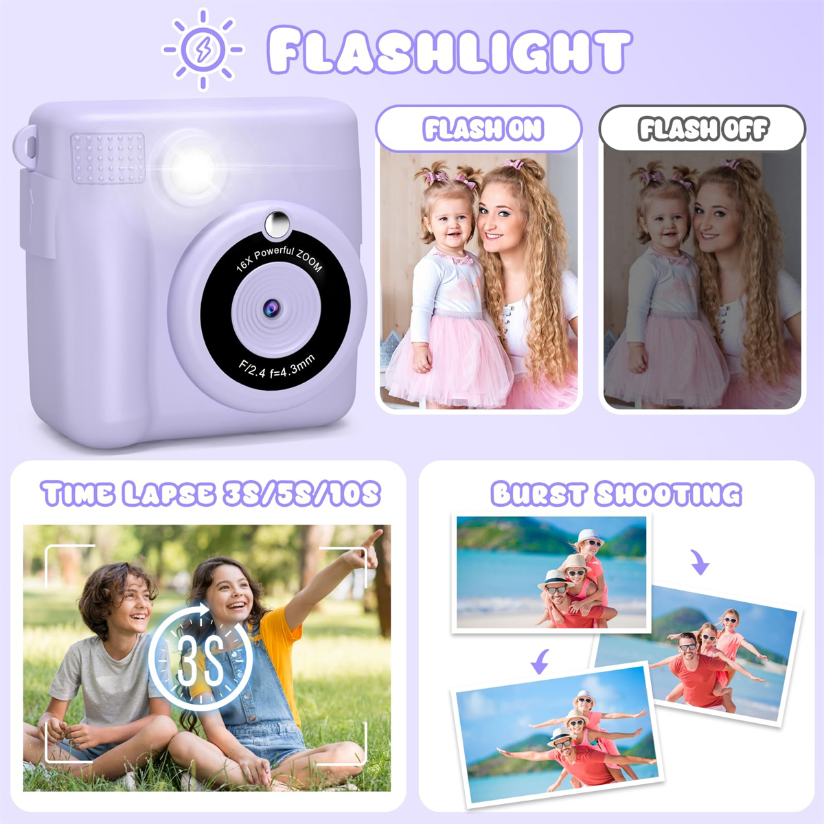 Eine lila Sofortbildkamera mit Fotos und Personen. Der Text auf der Kamera enthält FLASH ON und FLASH OFF.