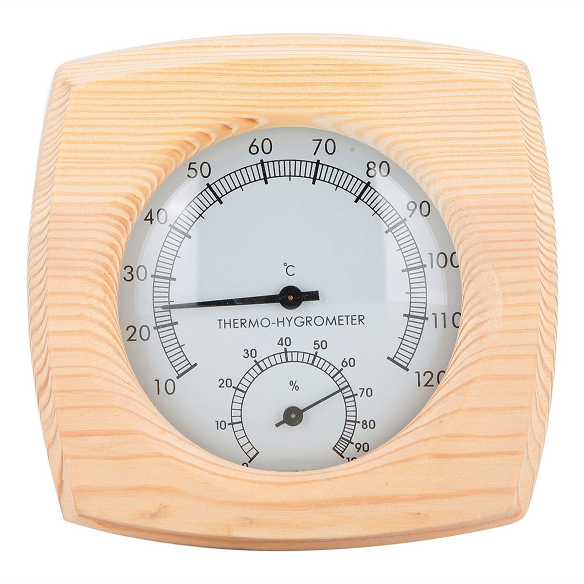 Ein hölzernes Thermo-Hygrometer mit Temperatur- und Feuchtigkeitsskalen auf weißem Hintergrund.
