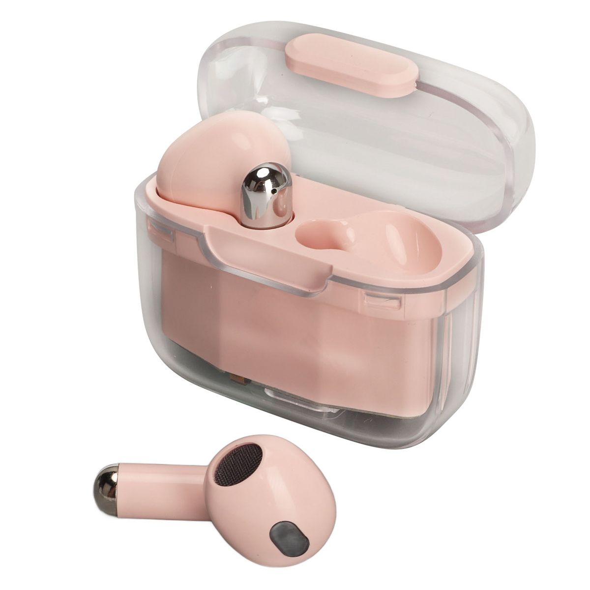Ein rosa Ohrhörer und ein Ladeetui. Das Etui ist transparent.