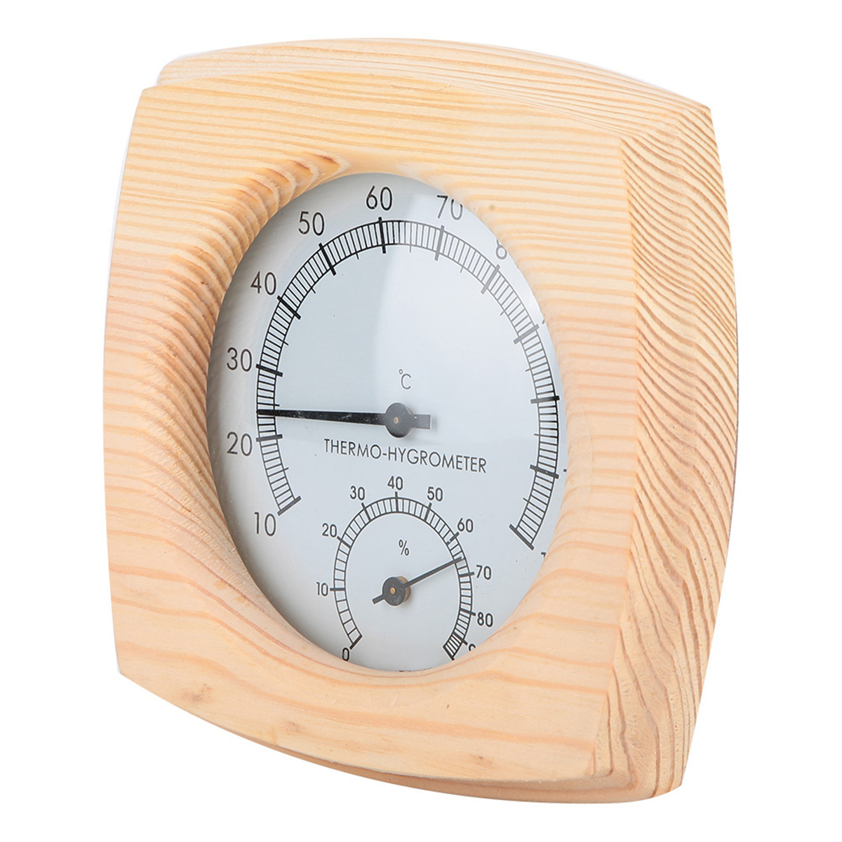 Thermo-Hygrometer mit Holzrahmen, zeigt Temperatur- und Feuchtigkeitswerte.
