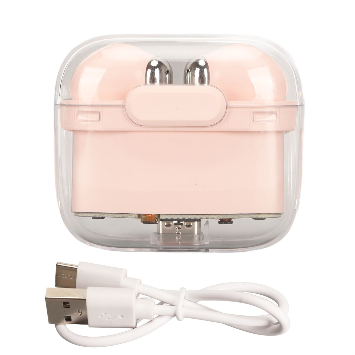 Rosa Ohrhörer in einer durchsichtigen Hülle, USB-Ladekabel.