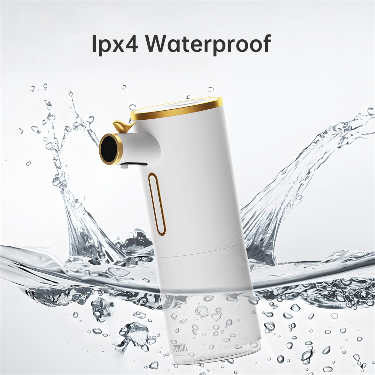 Weißer und goldener automatischer Seifenspender mit Wasserspritzern. Der Text lautet 'IpX4 Waterproof'.