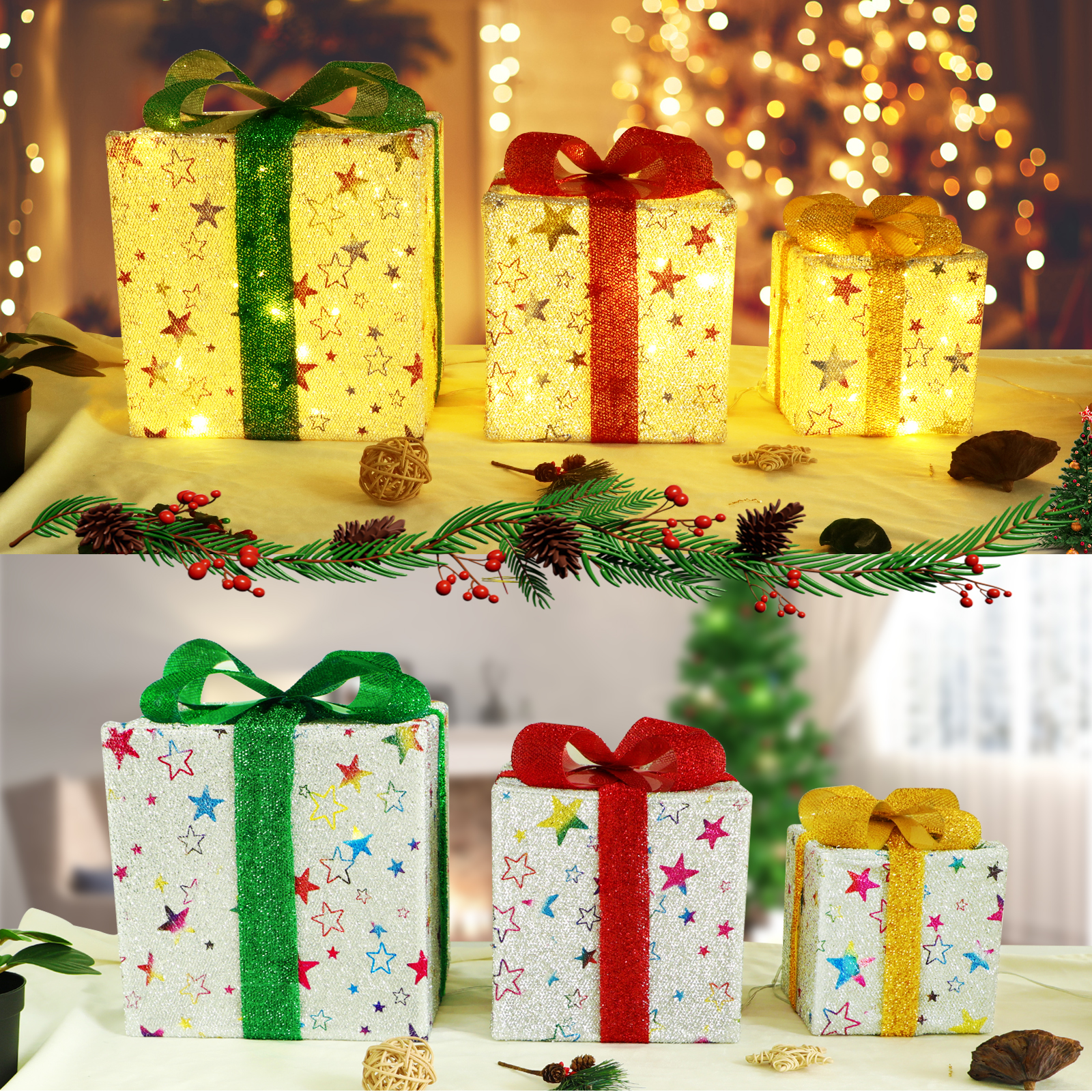 Trzy pudełka z prezentami ze światłami, z prezentami poniżej, oświetlone tło.