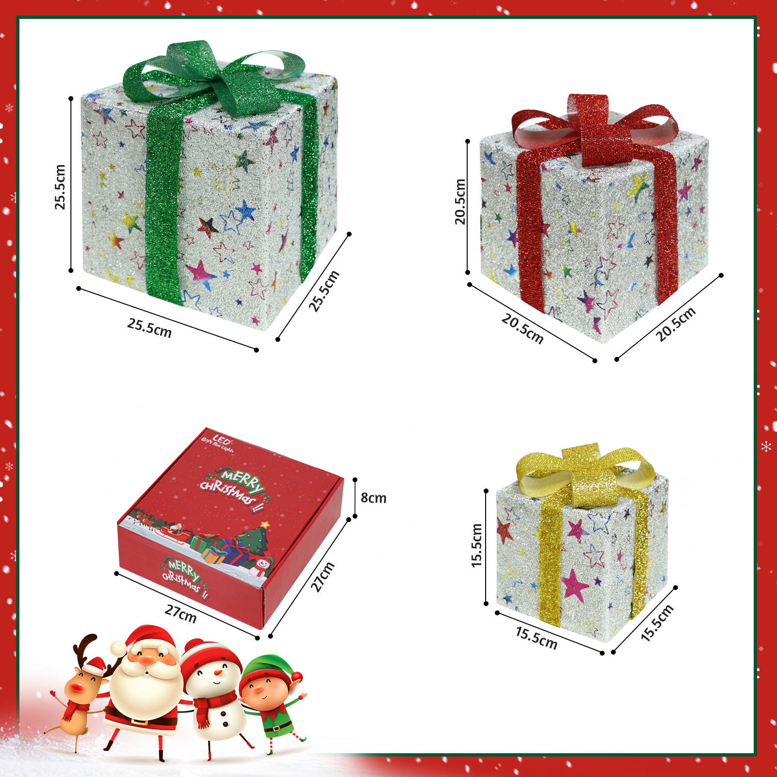 Cztery pudełka prezentowe z kokardami. Trzy pudełka mają brokat, czwarte jest czerwone. Wymiary są uwzględnione.