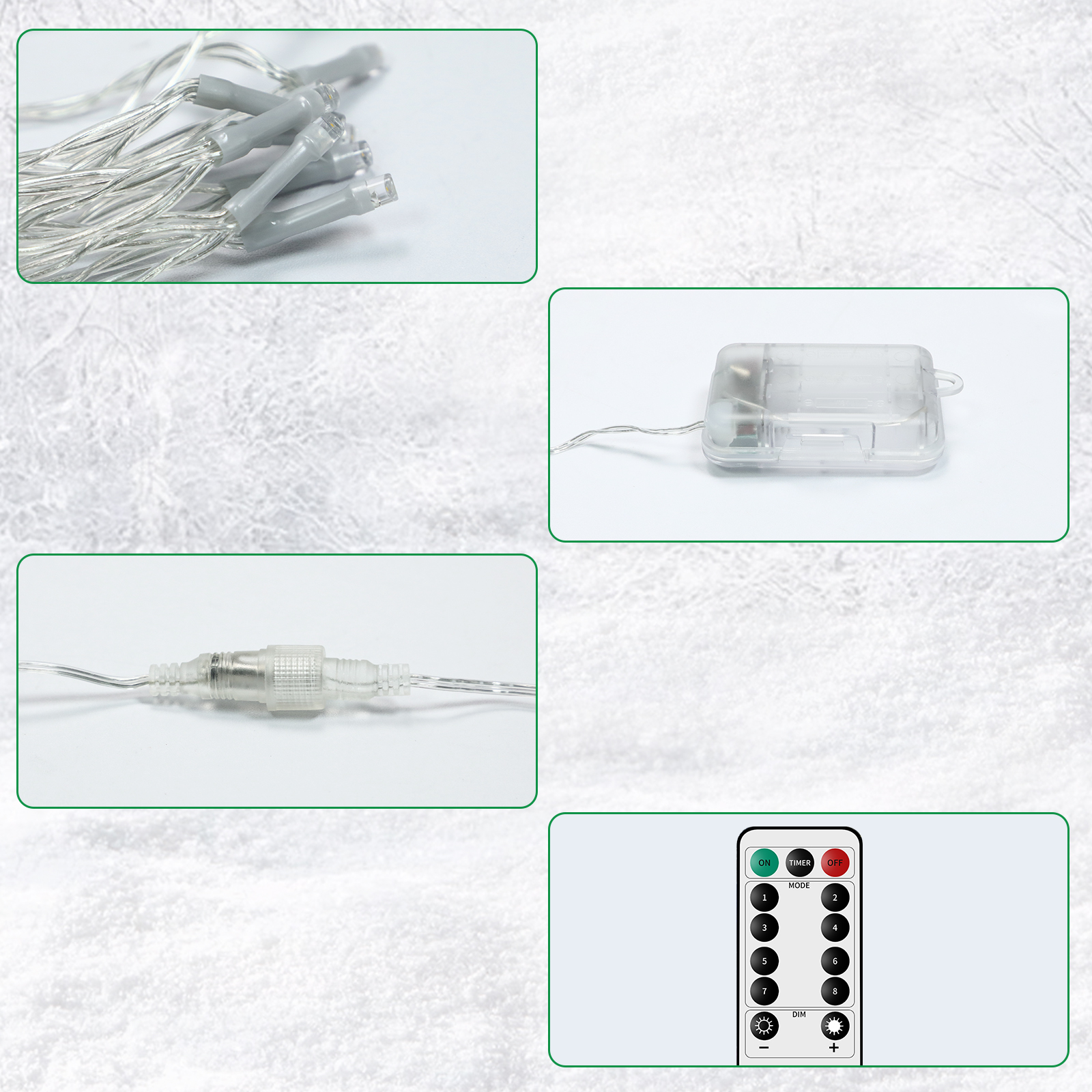 Zbliżenie elementów oświetlenia świątecznego: łańcuchy świetlne, kontroler, akumulator i pilot.