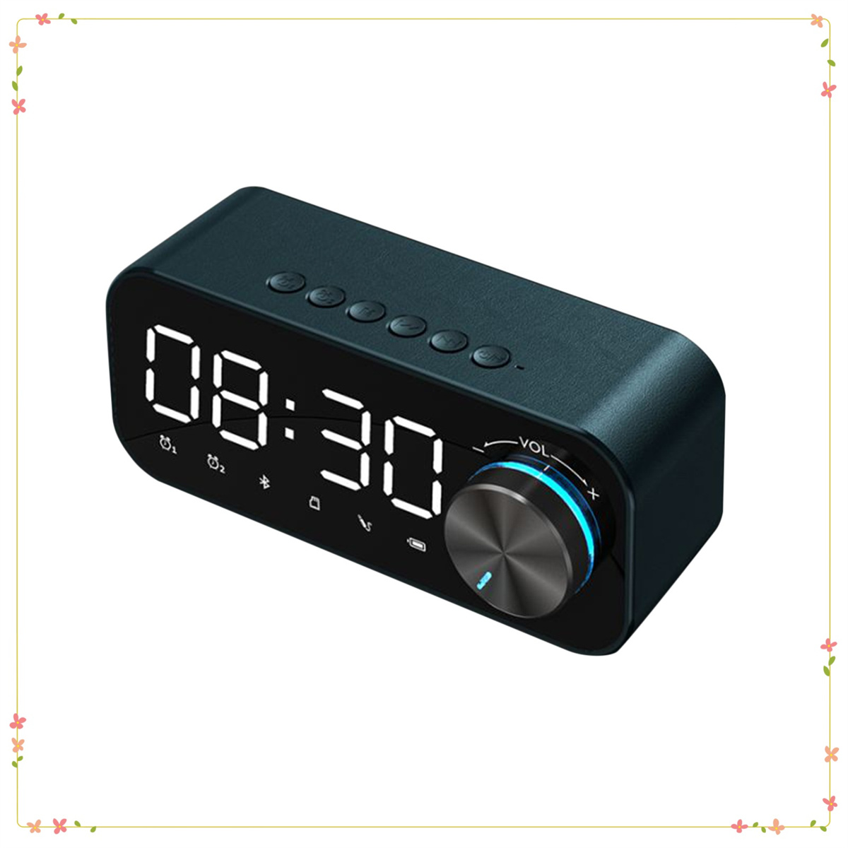 Schwarzer digitaler Wecker mit der Anzeige 08:30. Tasten oben. Blaues Licht um das Zifferblatt. Weißer Hintergrund.