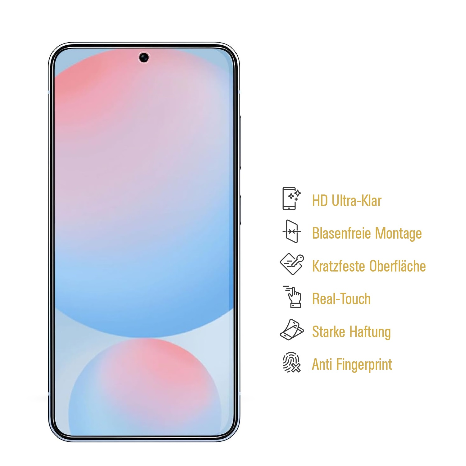 Telefon mit aufgebrachter Displayschutzfolie, Icons rechts und farbenfrohem Hintergrund.