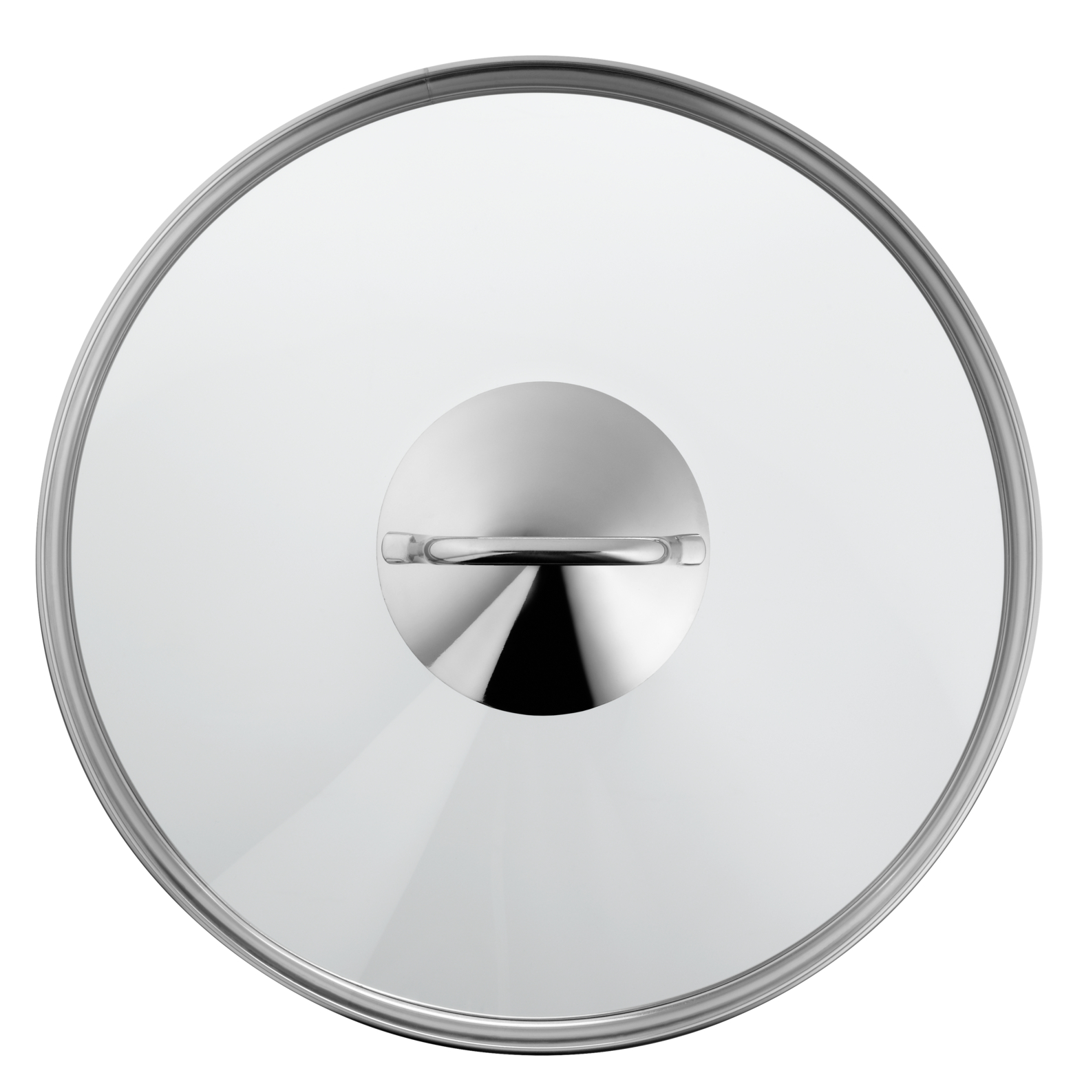Runder Glasdeckel für einen Topf mit silbernem Griff und Rand.