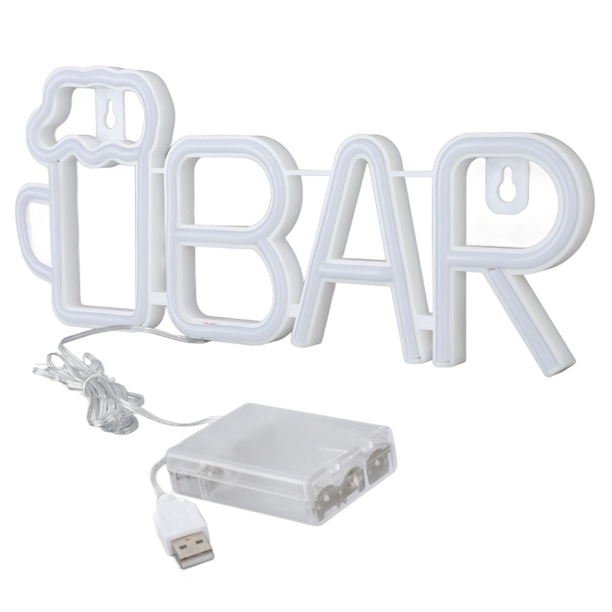Weißes Neon-Schild mit dem Wort BAR. Es hat eine Bierkrugform. Schwarzer USB-Anschluss.