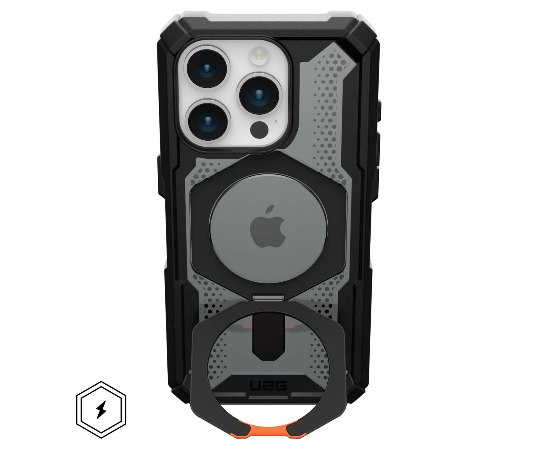 Schwarze Handyhülle mit Ringhalter. Zeigt das Apple-Logo und ein Ladesymbol.