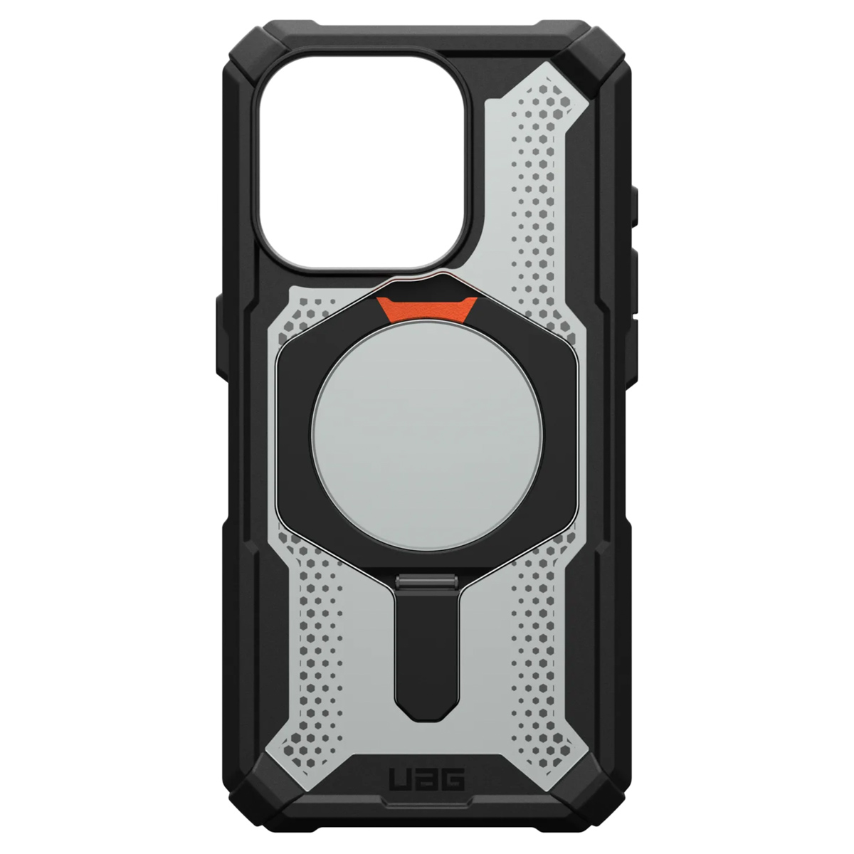 Schwarze und graue Handyhülle mit MagSafe-Kreis, orangefarbenem Akzent und UAG-Logo.