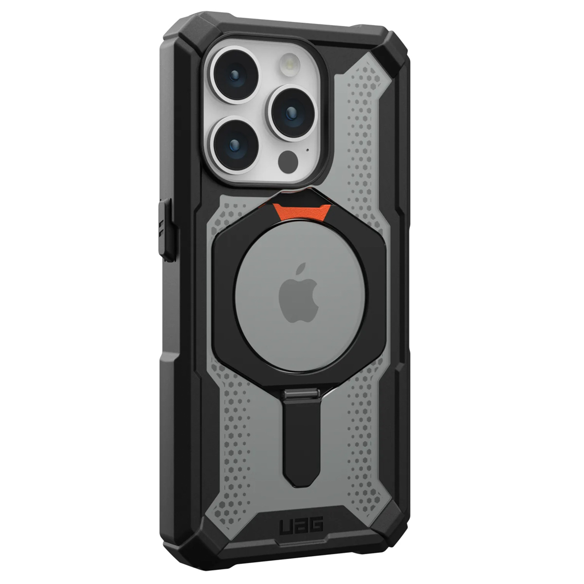 Eine schwarz-graue Handyhülle mit Kameraausschnitt und Apple-Logo. Es ist die Marke UAG.