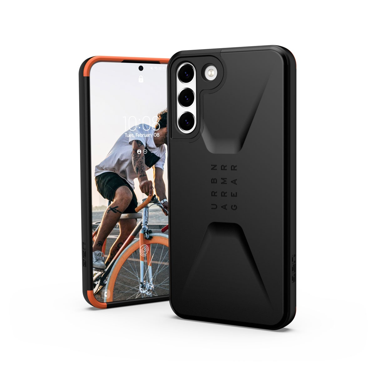 Schwarze und orangefarbene Handyhülle auf weißer Oberfläche. Das Telefon zeigt eine Person auf einem Fahrrad.