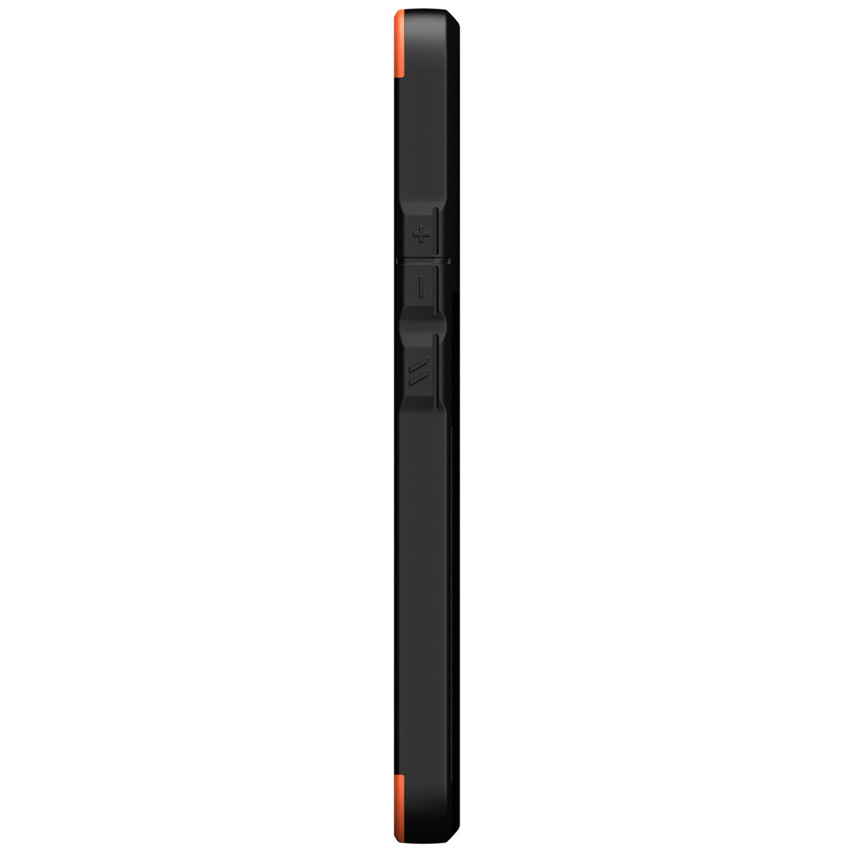 Eine schwarze Handyhülle. Die Seitenansicht zeigt einen orangefarbenen Akzent sowie Lautstärke- und Power-Tasten.
