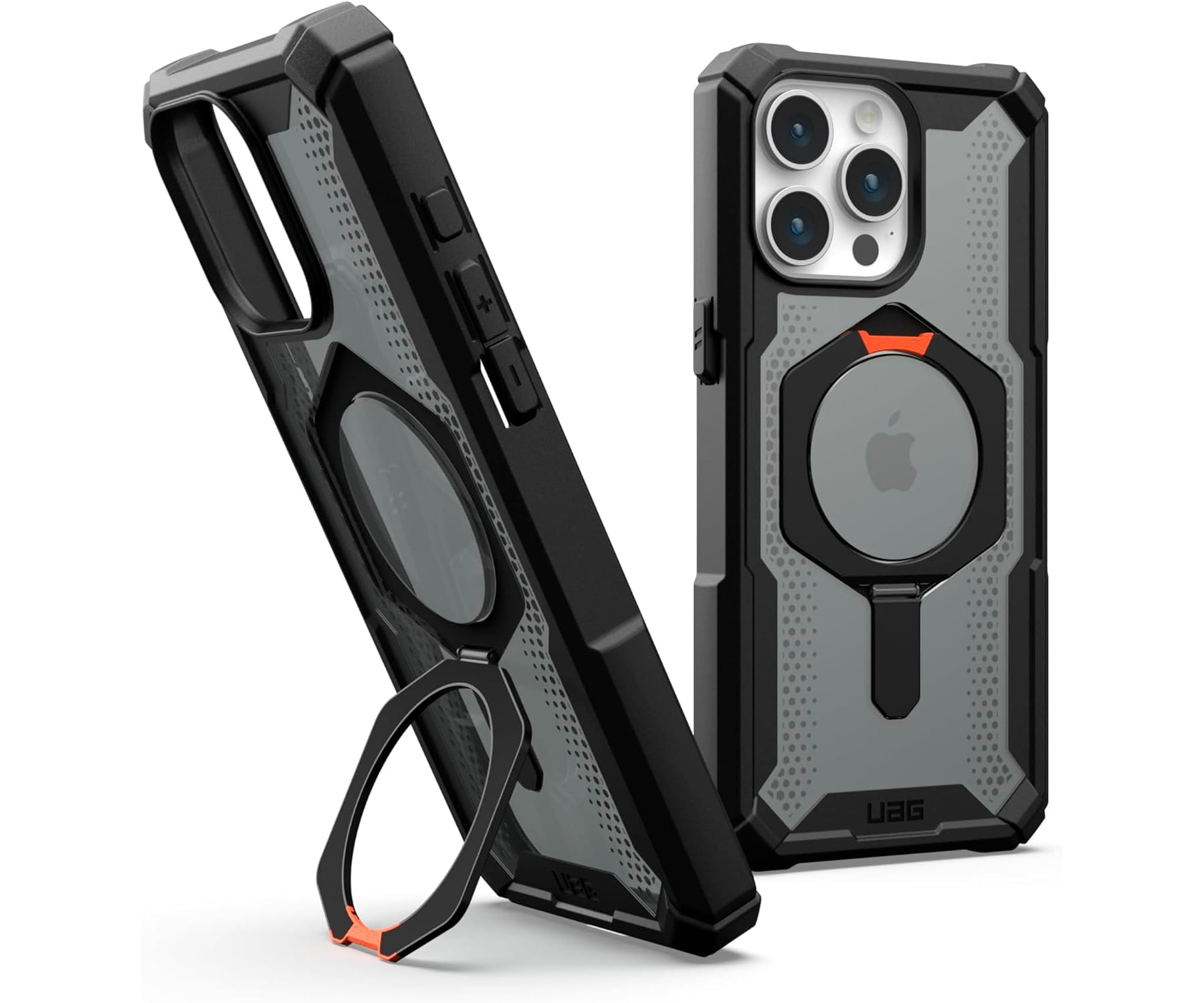Funda para teléfono negra y gris con soporte y soporte para anillo.