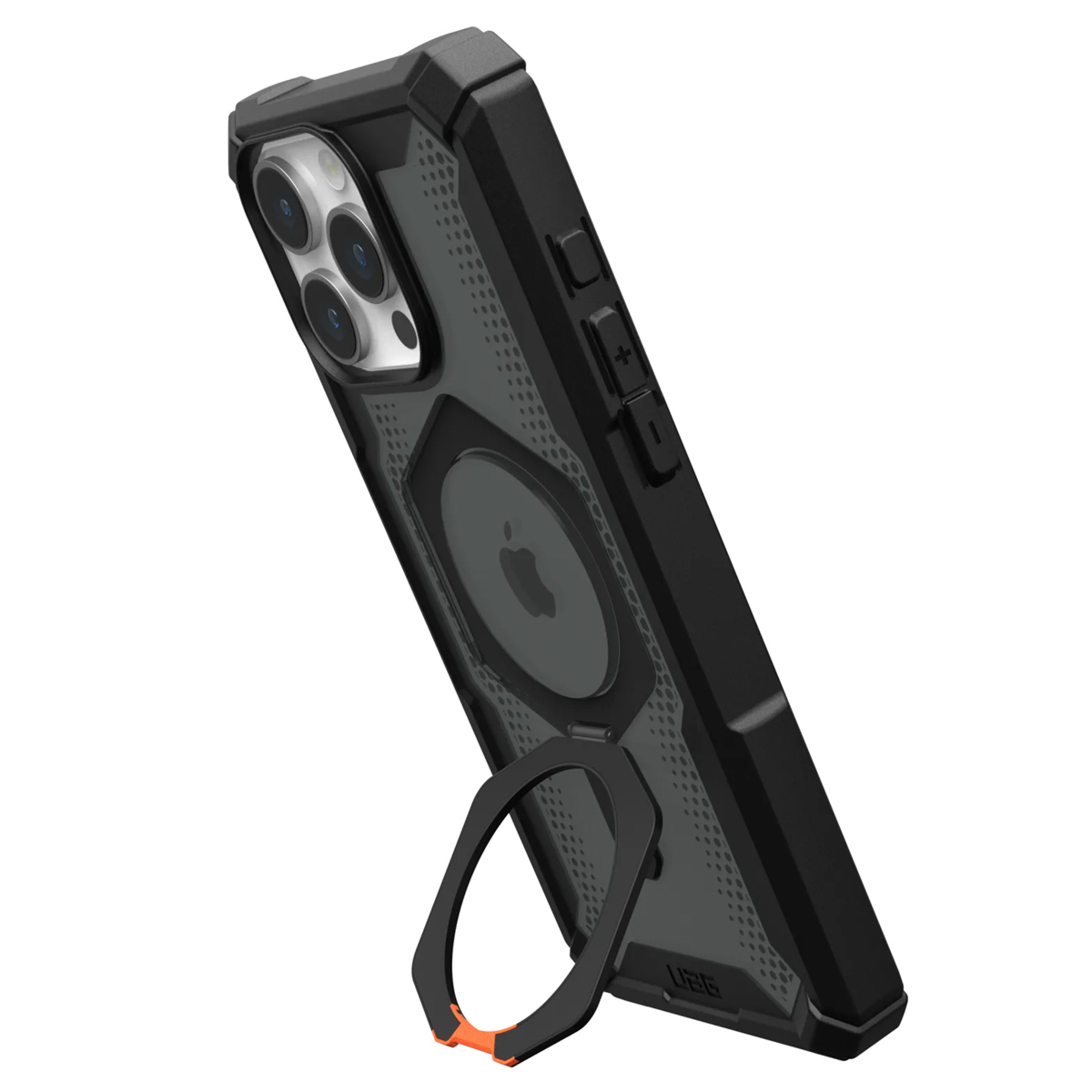Funda negra para teléfono con soporte de anillo, vista en ángulo. Con logo Apple y diseño protector.