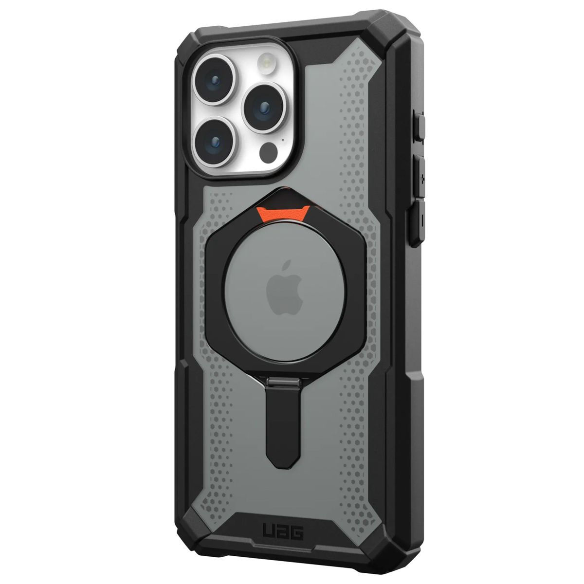 Una funda para teléfono, negra y gris, con un círculo negro y UAG escrito en la parte inferior.