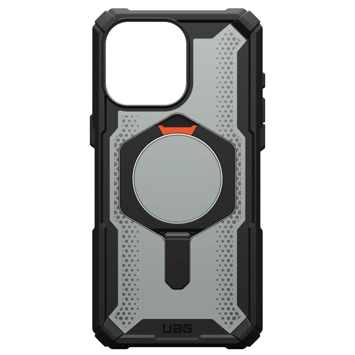 Funda de teléfono negra y gris con un acento plateado y un recorte para la cámara.
