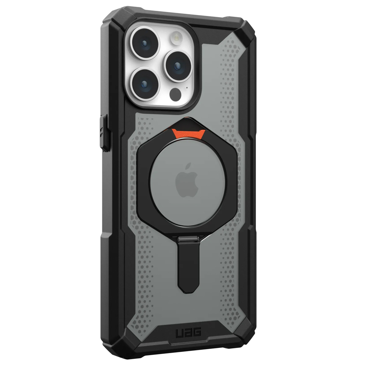 Funda para teléfono negra y gris con un diseño robusto. Tiene un recorte para la cámara y un logotipo de Apple.