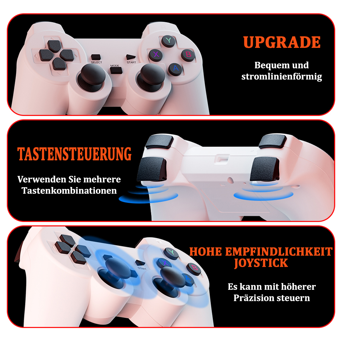 Ein weißer Gamecontroller mit schwarzen Knöpfen. Das Bild zeigt Nahaufnahmen mit Text: Upgrade, Taste, Hohe Empfindlichkeit.