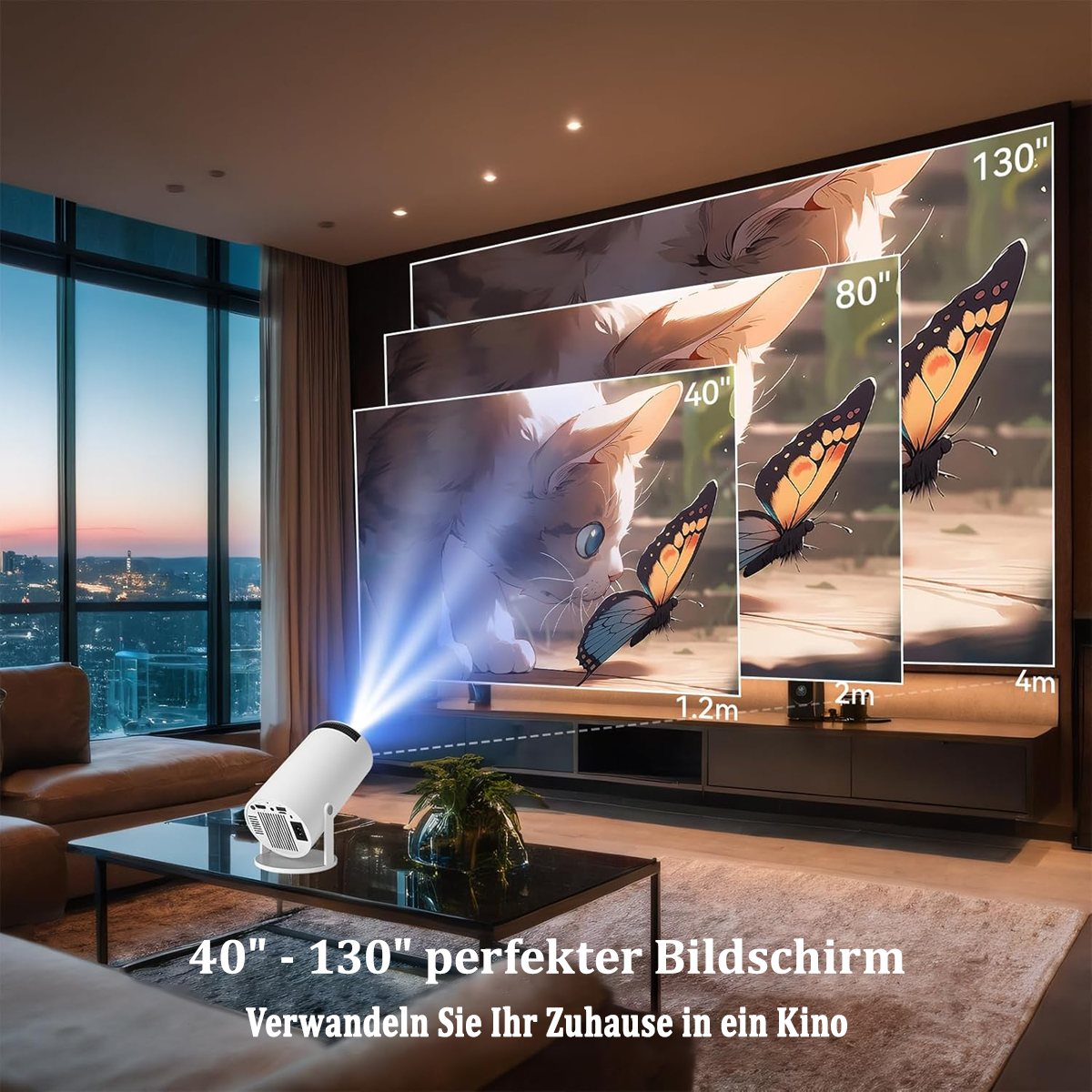 Projektor, der Bilder von Schmetterlingen und einer Katze auf eine Leinwand projiziert. Text: '40"-130" perfekter Bildschirm'.
