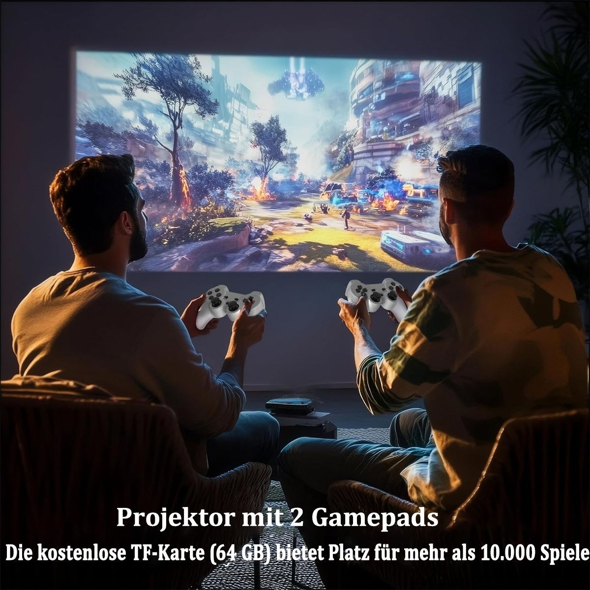Zwei Männer spielen Videospiele, die auf eine Leinwand projiziert werden. Sie halten Controller in ihren Händen.