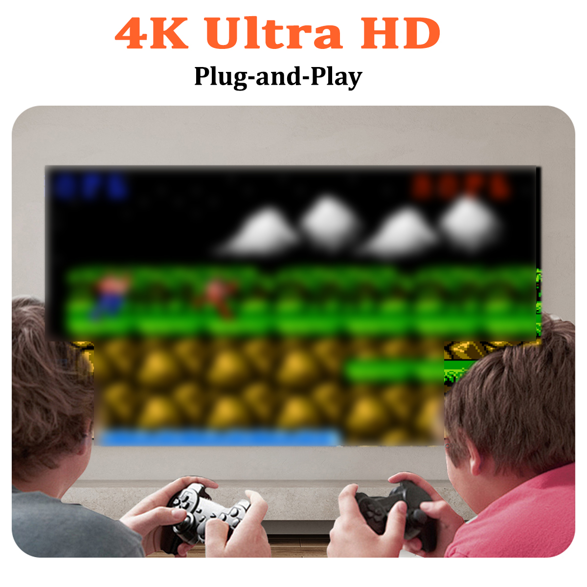 Zwei Jungen spielen Videospiele auf einem Fernseher. Der Bildschirm zeigt ein pixeliges Spiel.