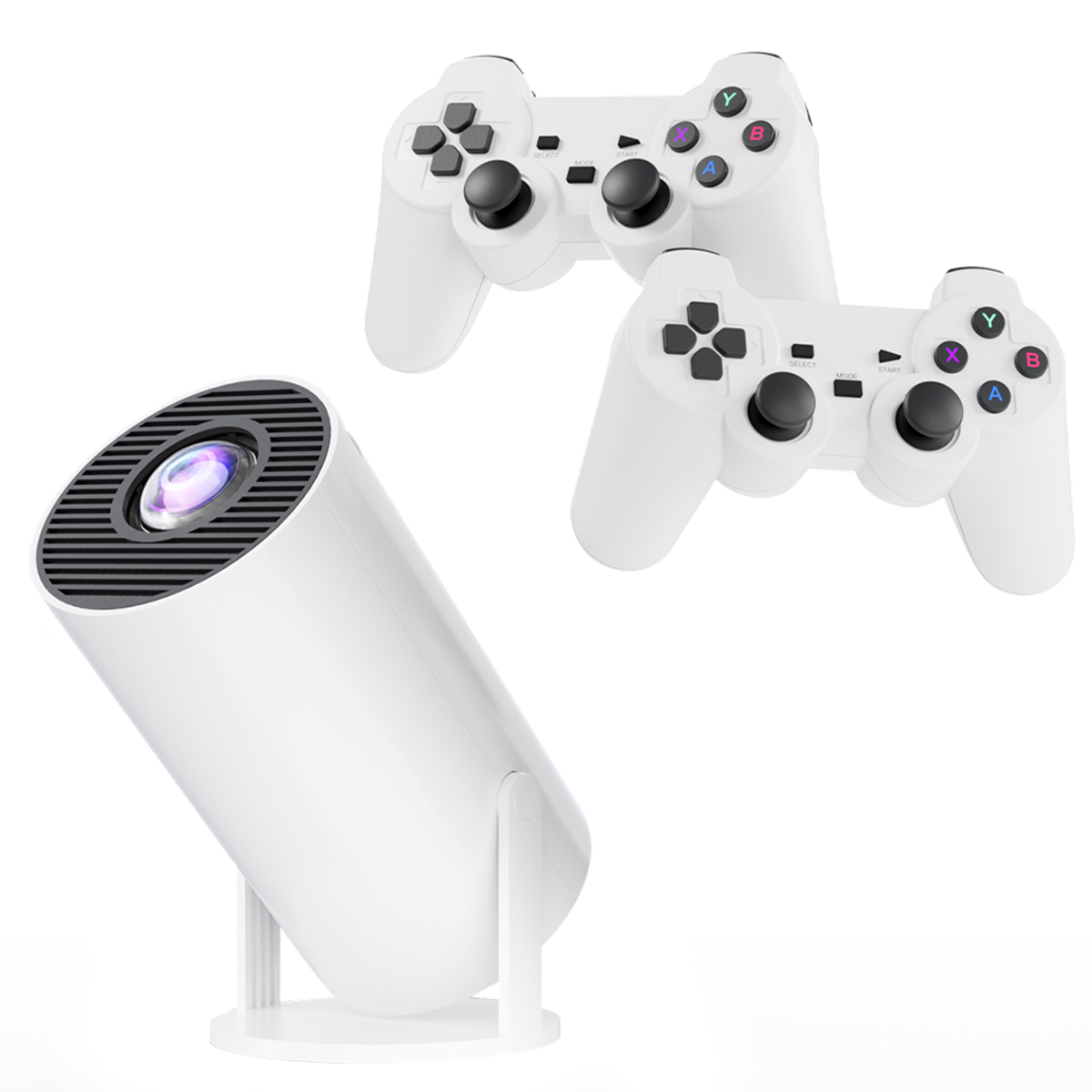 Weißer Projektor mit zwei weißen Gamecontrollern. Weißer Hintergrund.