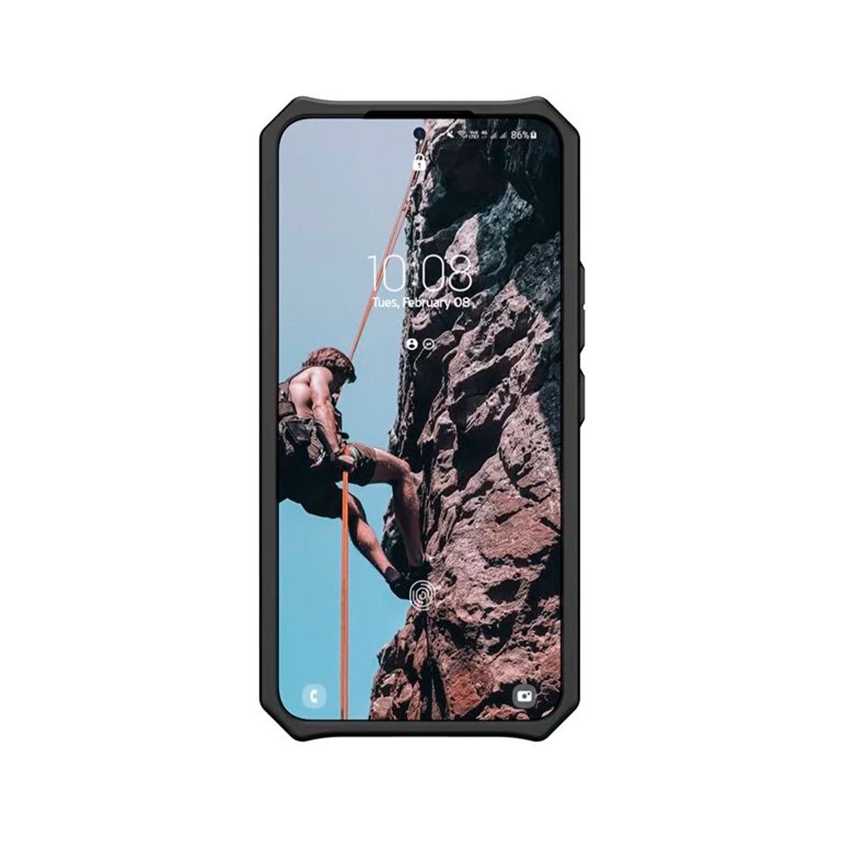 Una pantalla de smartphone muestra un escalador en una pared de roca, rodeado de una funda negra, sobre una superficie blanca.