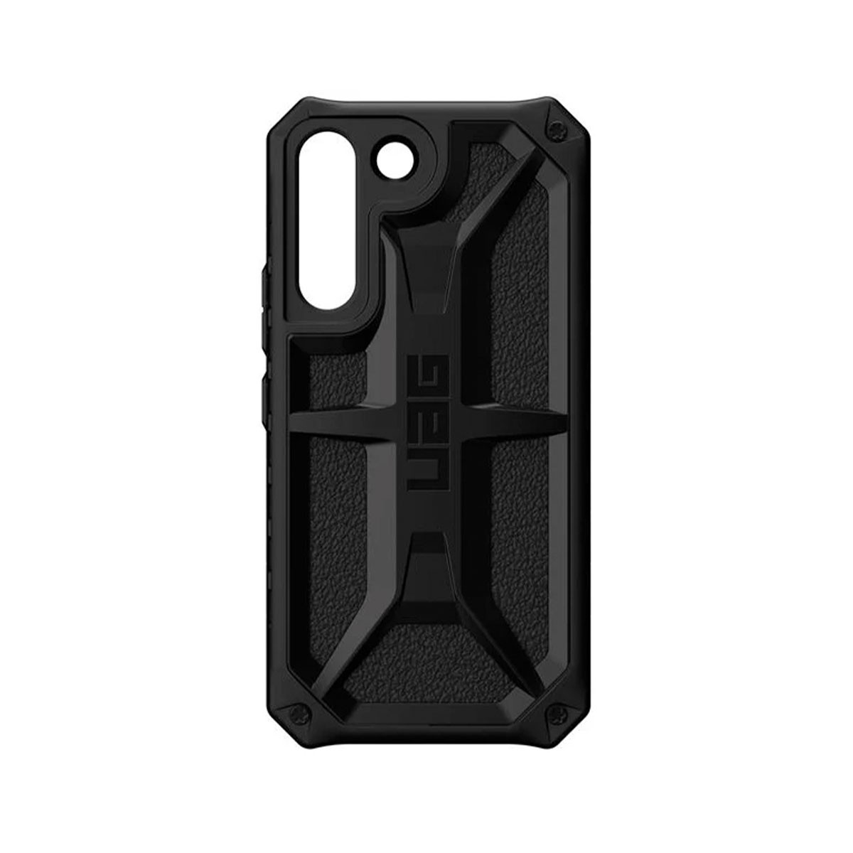 Funda de teléfono negra con diseño texturizado, el logotipo de UAG en el centro. La funda está sobre fondo blanco.