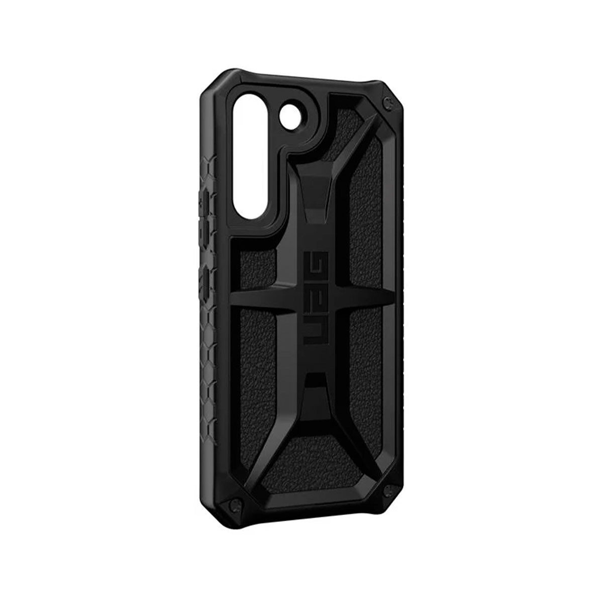 Funda negra para teléfono con diseño texturizado. Visible la marca UAG.