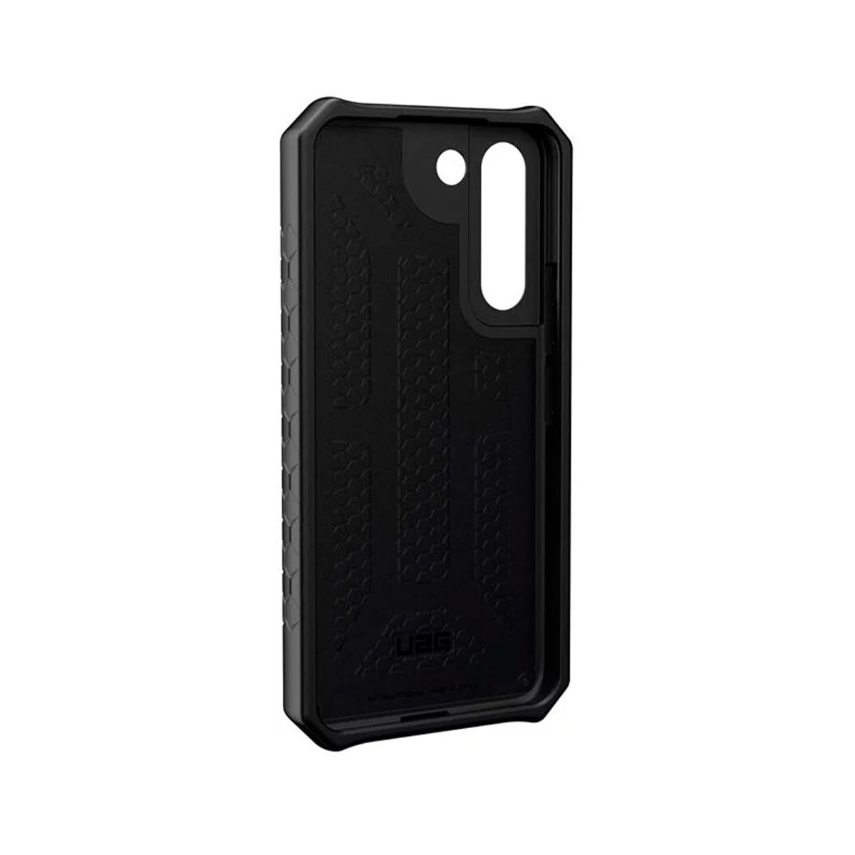 Funda negra resistente para teléfono con logo UAG y patrón de panal.