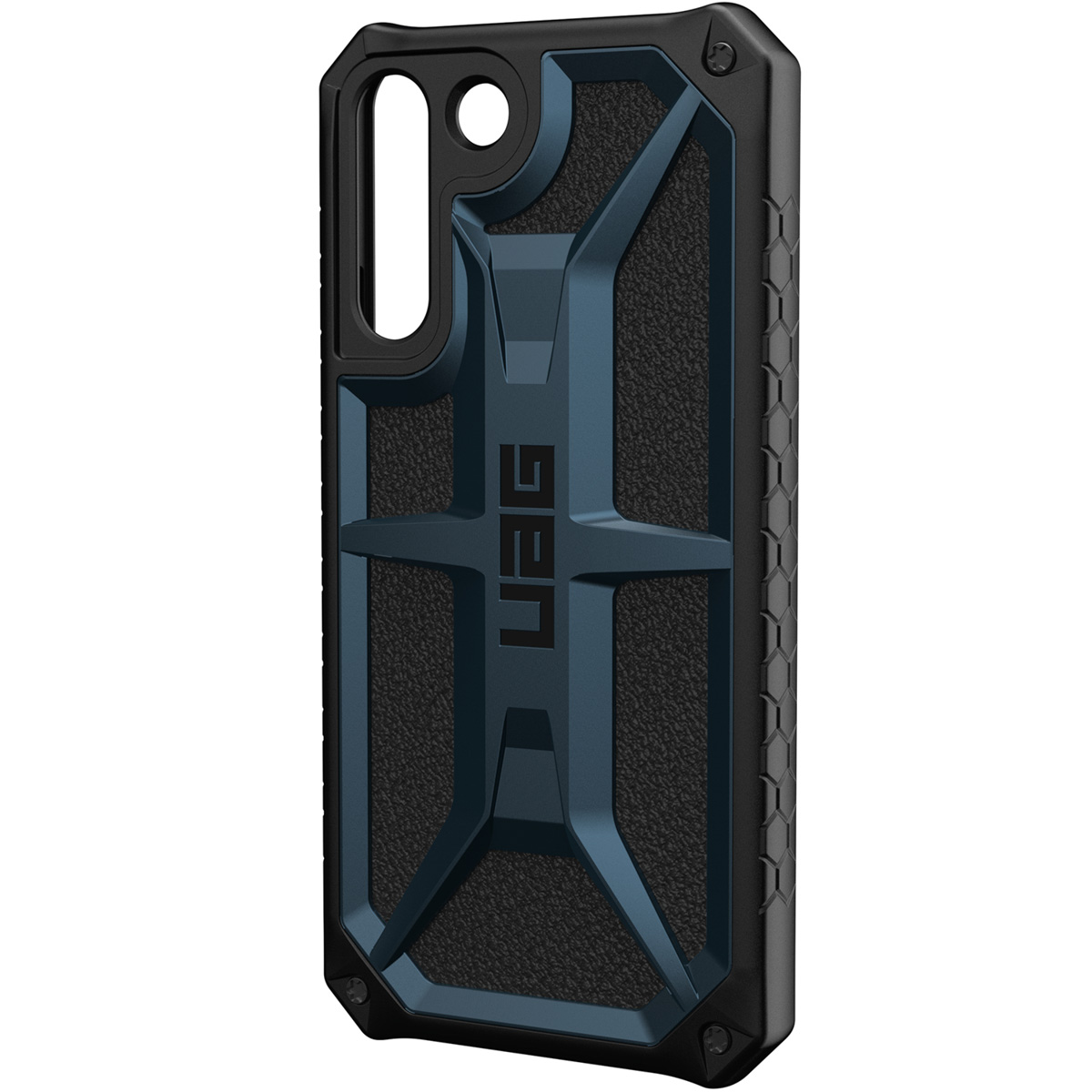 Schwarze und blaue Handyhülle mit UAG-Logo, robustem Design und Schrauben. Es ist in einer Studioaufnahme.