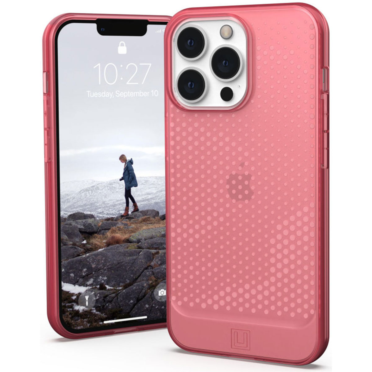 Rosa Handyhülle rechts, mit Handy, das ein Bergpanorama links zeigt.