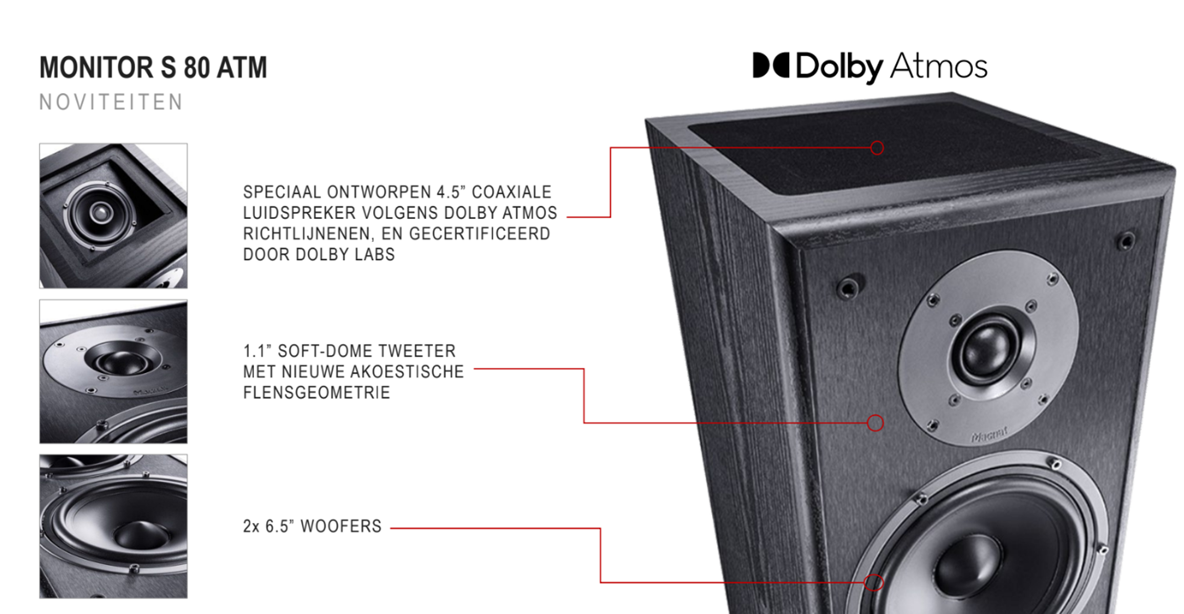 Ein schwarzer Lautsprecher mit Text. Er hat 2 Tieftöner, einen Hochtöner und ist Dolby Atmos zertifiziert.