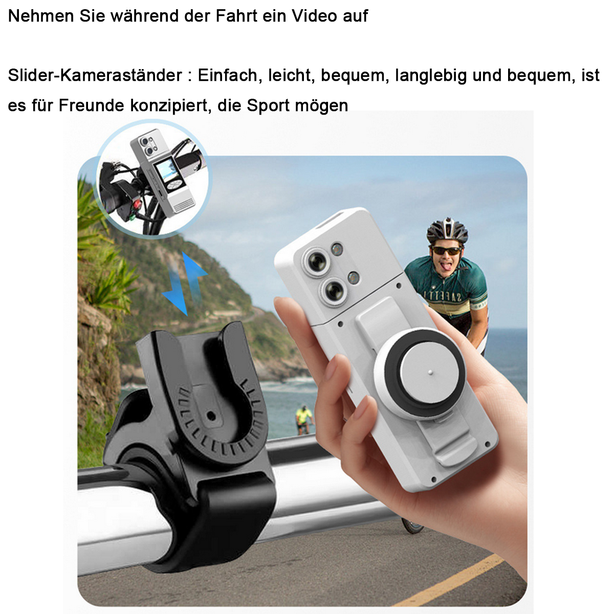 Mann auf einem Fahrrad, der ein Telefon mit Kamerahalterung hält. Weißer Hintergrund.