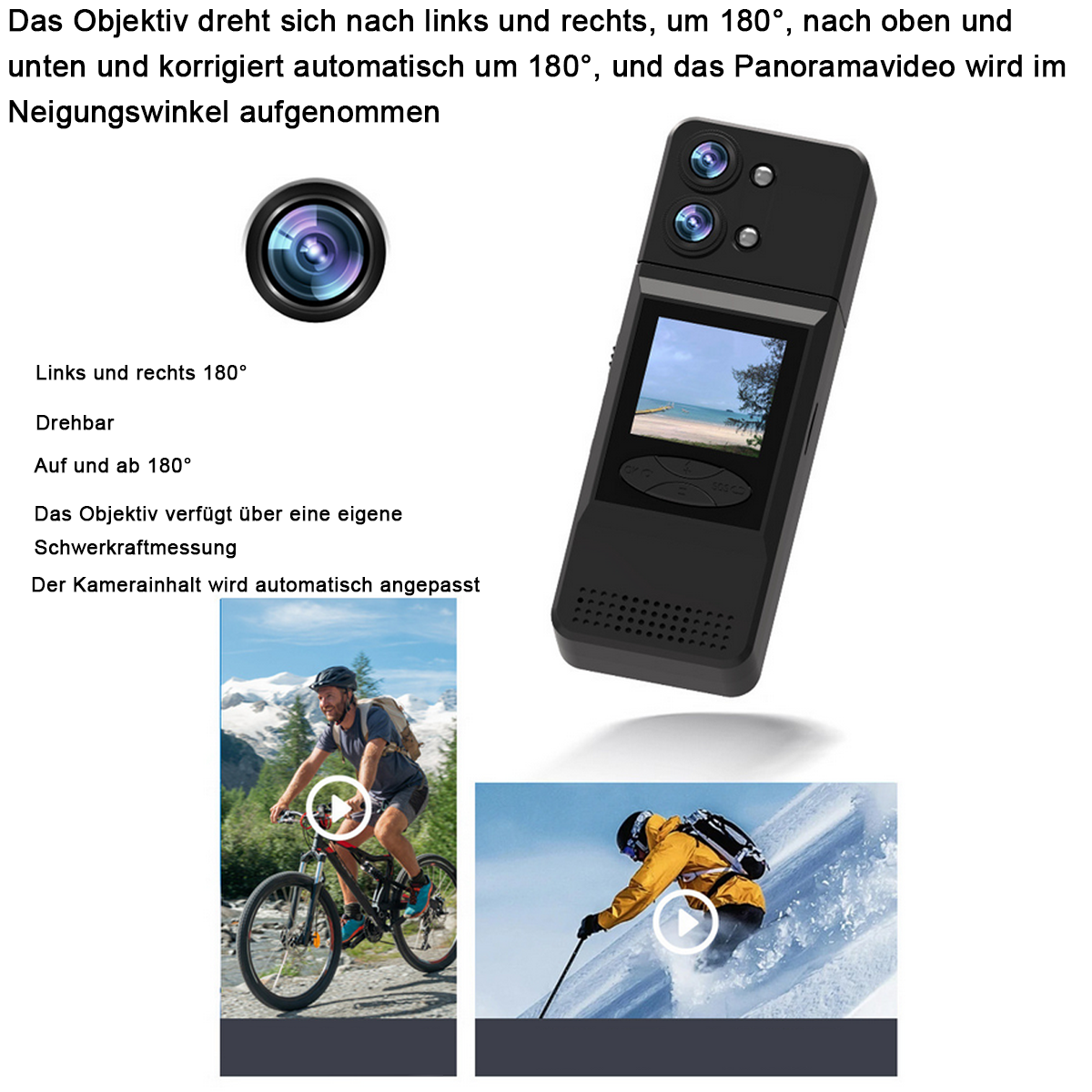 Schwarze Kamera mit 2 Objektiven, zeigt Ansichten eines Mannes beim Radfahren und Skifahren.