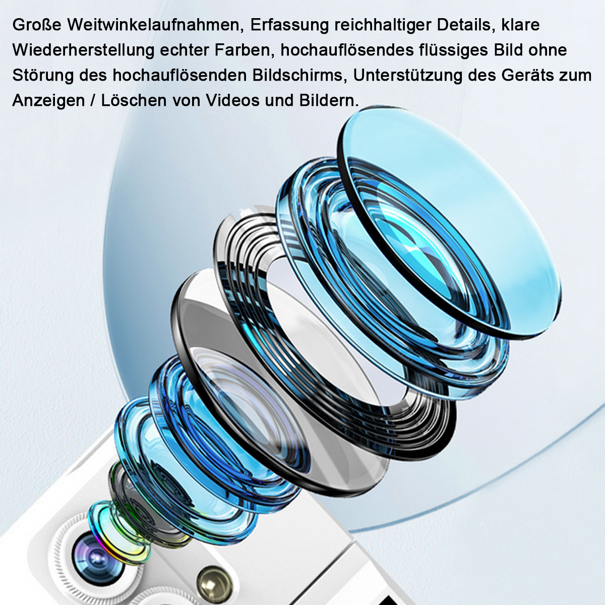 Diagramm von Kameraobjektiven gestapelt. Hellblaue und transparente Elemente.