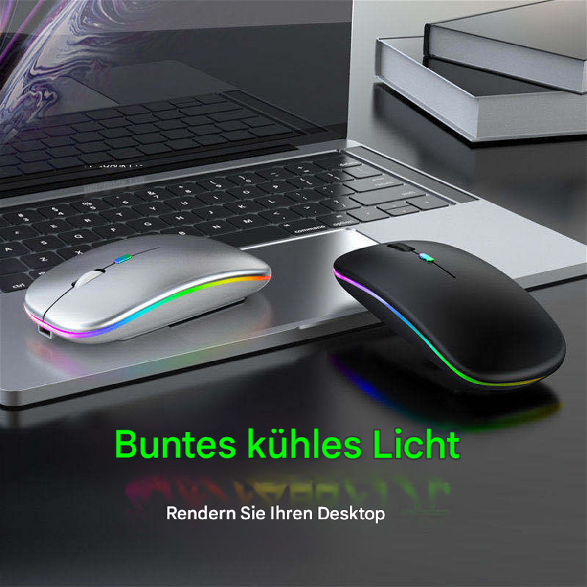 Zwei kabellose Computer-Mäuse. Eine ist silber, eine ist schwarz. Beide haben Regenbogenlichter.