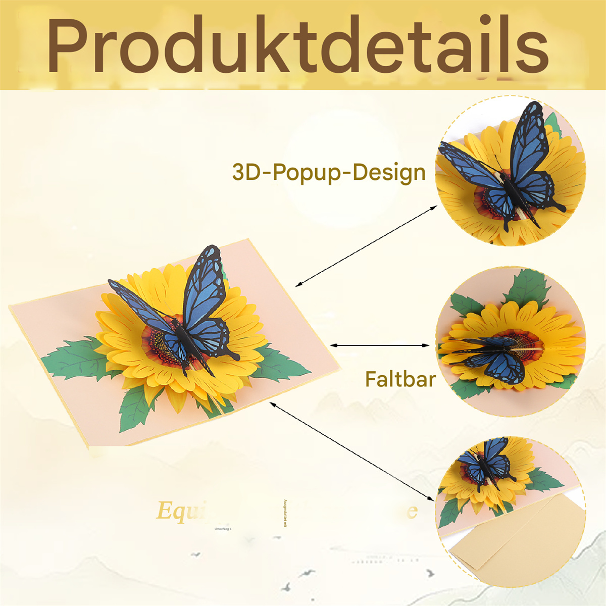 Eine Pop-up-Karte mit einer gelben Sonnenblume und blauen Schmetterlingen, die Details des Designs zeigt.