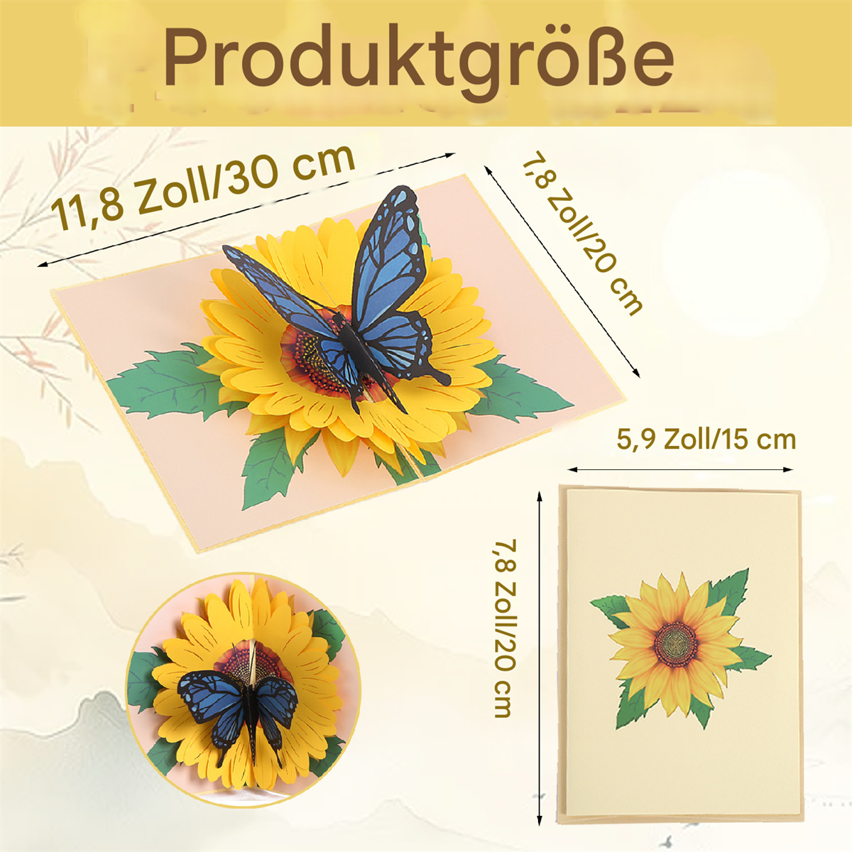 Eine Grußkarte mit einer Sonnenblume und einem blauen Schmetterling. Abmessungen sind neben der Karte angezeigt.